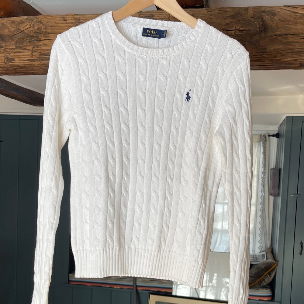 Polo by Ralph Lauren White Cable Knit Crewneck Sweater